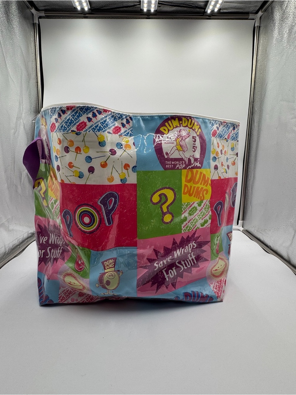 Vintage Dum Dums Lollipop Zip Tote Bag Candy Promo PVC Vinyl Large Shopper